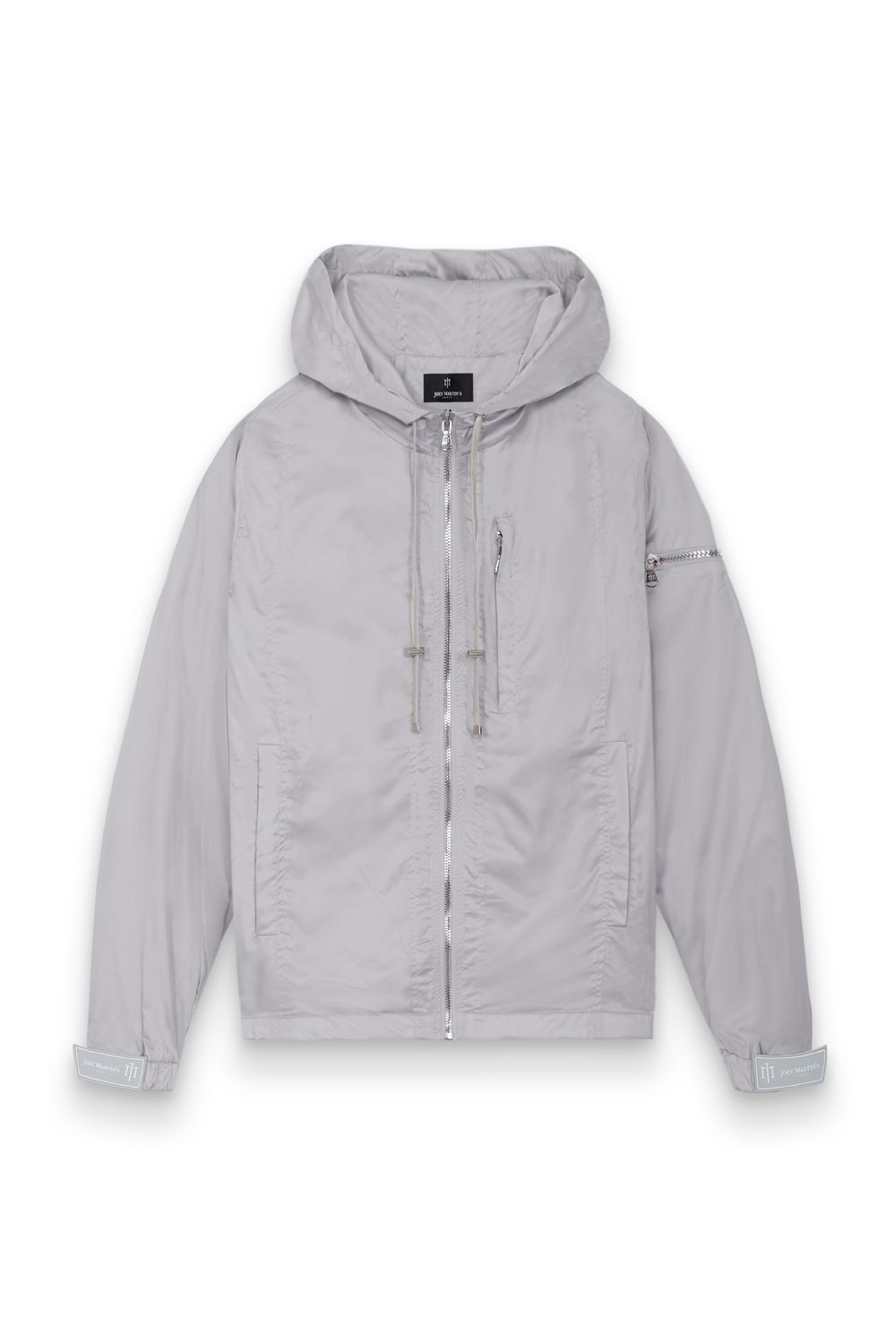 Jacket gris avec scratch au niveau des poignées, zip argenté, avec serrage sur les côtés 