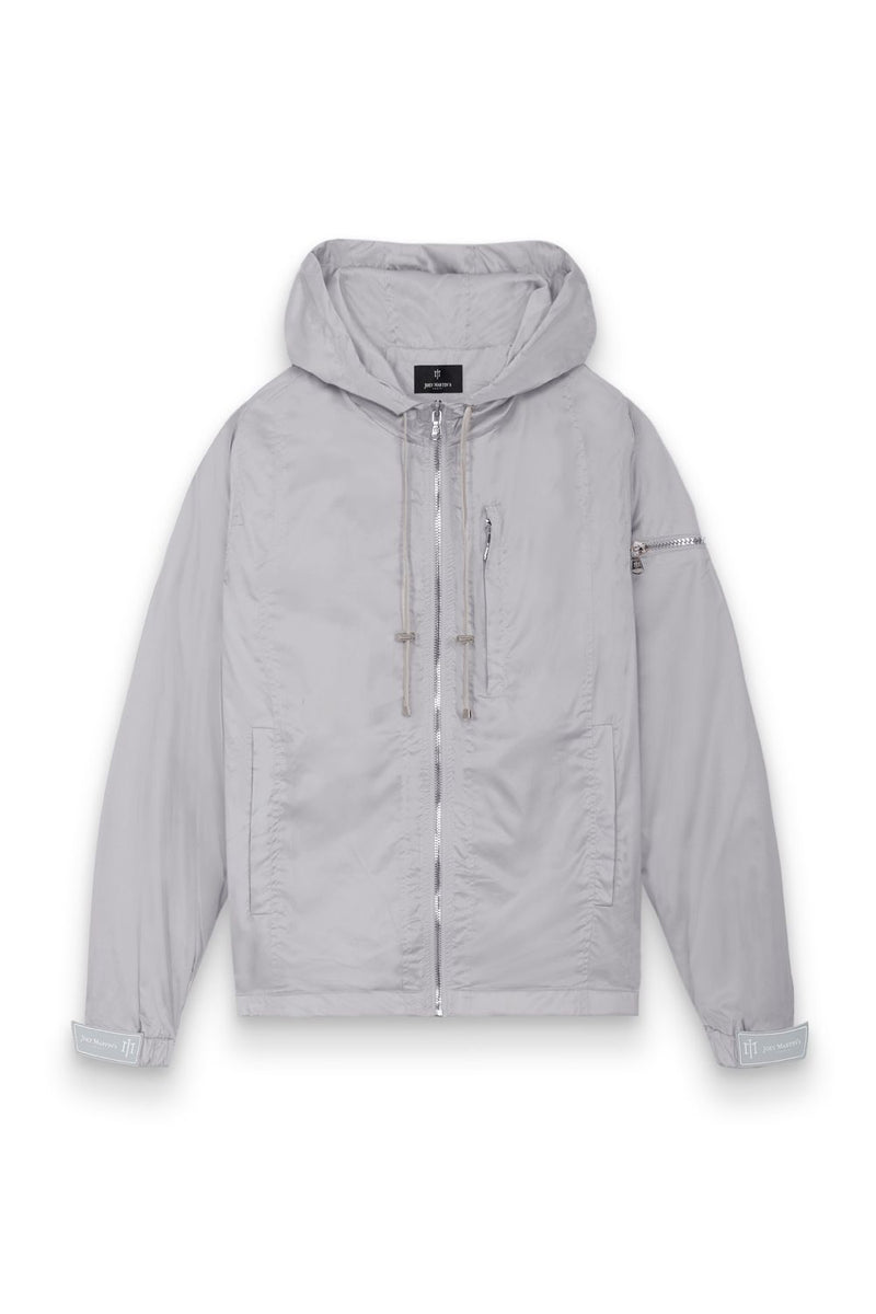 Jacket gris avec scratch au niveau des poignées, zip argenté, avec serrage sur les côtés 